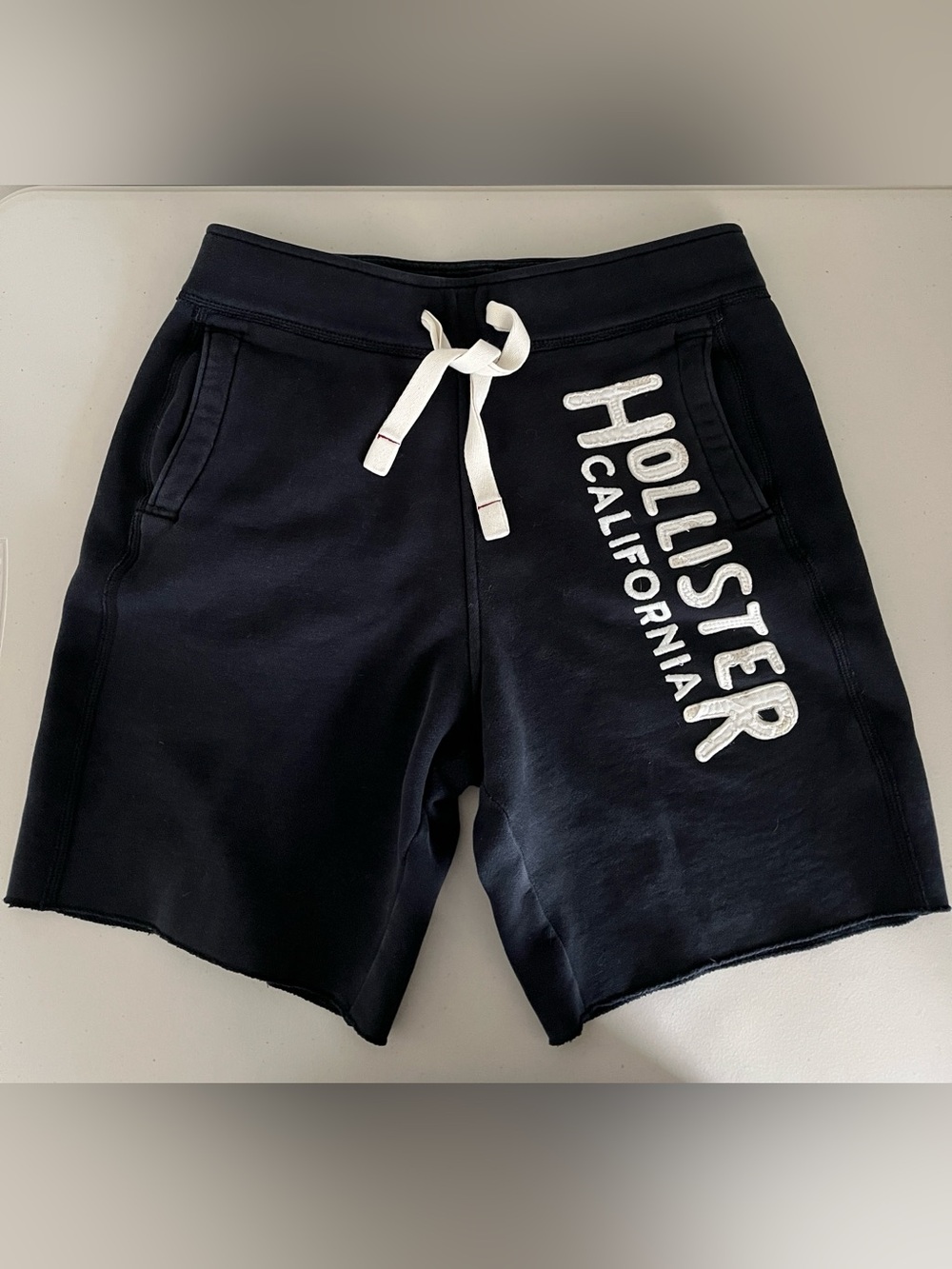 Hollister Navy Logo Drawstring Sweat Shorts with White Accents